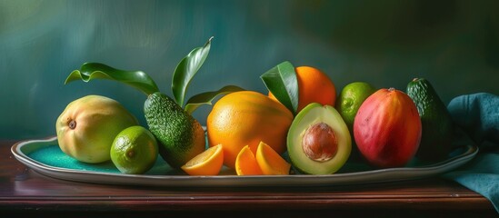This painting depicts a colorful still life arrangement of mangoes and avocados on a plate placed on a wooden table. The fruits exhibit rich and vibrant colors, capturing a moment of tranquility and