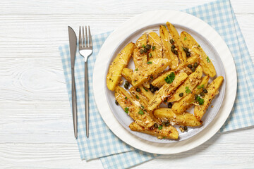 greek lemon potatoes with garlic, cheese, capers