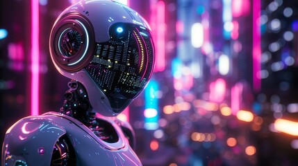 Ceramic AI robot with intricate traditional designs posing amid the neon glow of a high tech metropolis