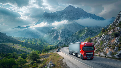 Truck on the road in the mountains.
