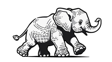 bold Black and White Elephant cartoon, highlighting its majestic presence and distinctive features japan web illustration style