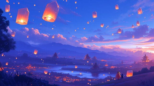 Many beautiful lanterns float in the sky above houses at night in northern Thailand.