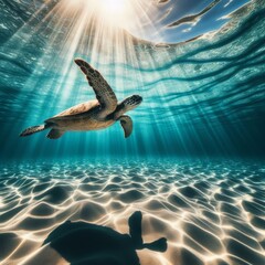 Turtle swims in crystal clear open sea, with sun rays
