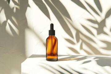 An amber glass dropper bottle elegantly captures sunlight and shadows