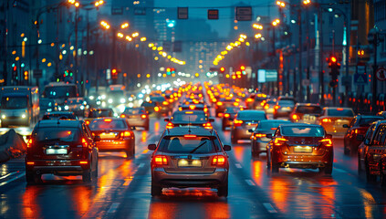 Fototapeta na wymiar Nighttime traffic jam on a wet city street