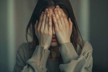 A woman is crying and covering her eyes with her hands - obrazy, fototapety, plakaty