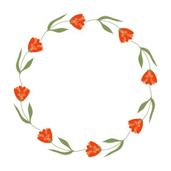Doodle spring Floral Wreath made of orange flowers in circle. Hand drawn elegant minimalist botanical element. Round frame or border with place text, quote or logo in flat style