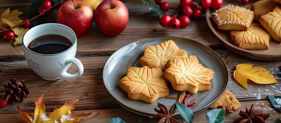 A wooden table is set with a plate of cookies molded like autumn leaves and apple tarts paired with a steaming cup of coffee.