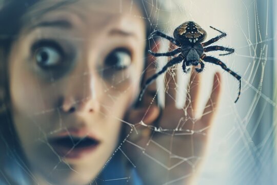 A woman is looking at a spider in a web