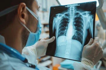 A doctor is holding a chest x-ray of a patient's lungs