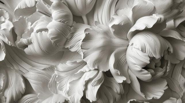 The flowers, reminiscent of sculpture. In black, white and gray tones. Abstract trendy background. Generative AI