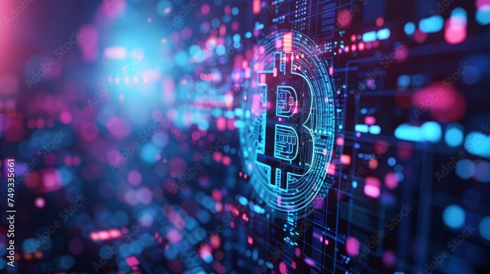 Aufkleber vivid representation of a bitcoin symbol on a futuristic network, depicting cryptocurrency technolog