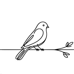 Bird sitting on a branch, single line vector drawing, minimalistic black single line sketch isolated on white background