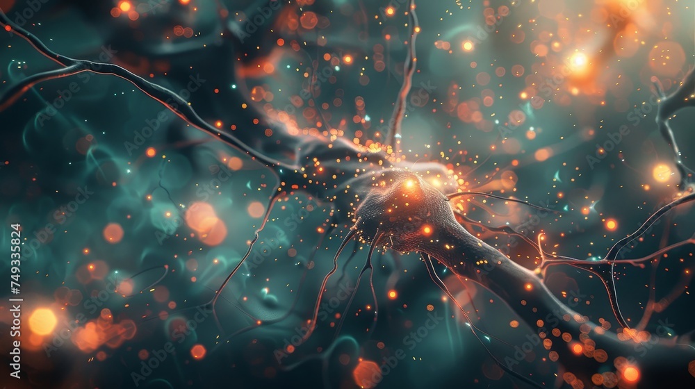 Poster artistic of a neuron with sparkling synapses, capturing the dynamic activity of neural communication