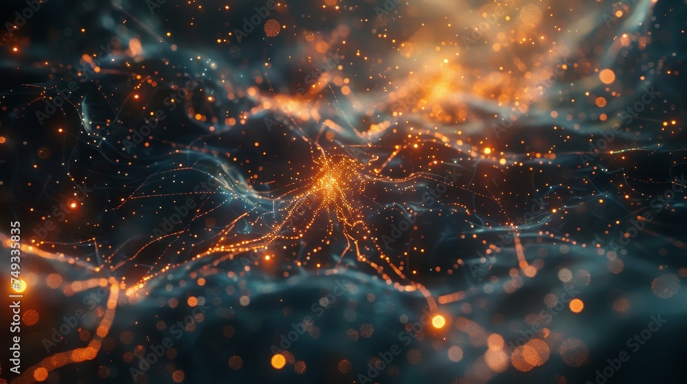 Poster close-up view of a neuron within a network showcasing glowing synaptic connections, representing neu