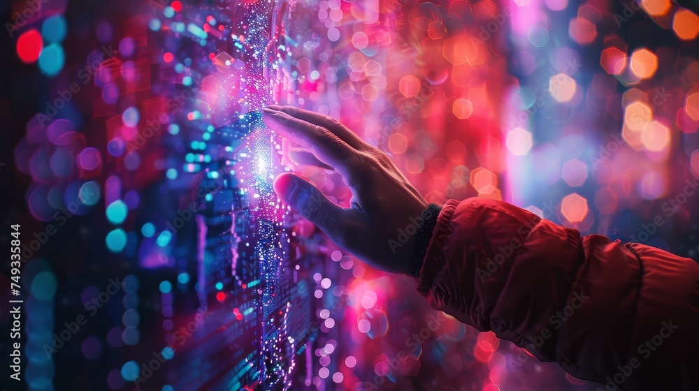 Poster a person's hand reaches out to touch a dazzling holographic interface, with digital particles cascad