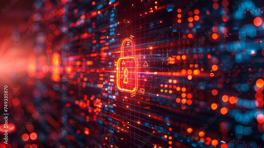 Poster an abstract digital lock symbol emerges on a dynamic background, representing cybersecurity and the 