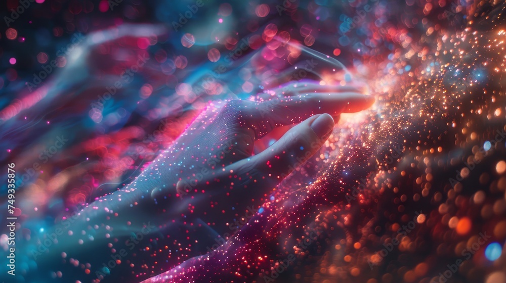 Poster A human hand interacts with a surge of digital particles, embodying the concept of touching and manipulating streams of data and connectivity.