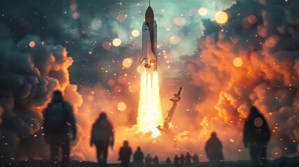 A night launch of a powerful rocket, captivating an audience with its bright flames against the dark, starry sky filled with floating embers.