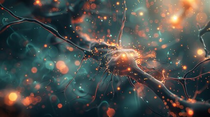 Artistic of a neuron with sparkling synapses, capturing the dynamic activity of neural communication in the brain.