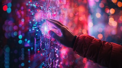 A person's hand reaches out to touch a dazzling holographic interface, with digital particles cascading around in a vibrant display of technology.
