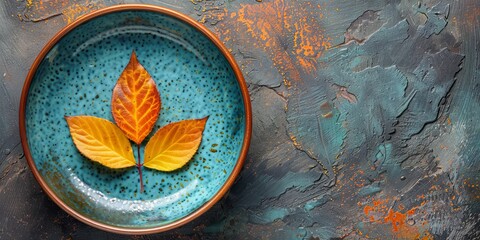 Fototapeta premium Autumn leaves on a blue plate on a textured background