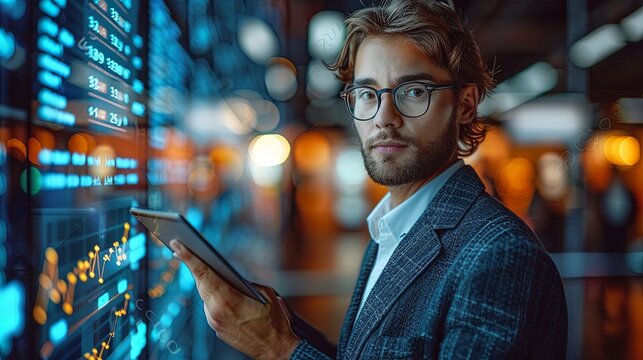 Businessman Presenting Business Report with Tablet and Big Screen Displaying Graphs and Charts - Powered by Adobe