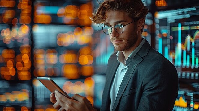 Businessman Presenting Business Report with Tablet and Big Screen Displaying Graphs and Charts