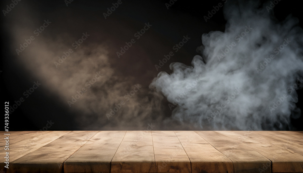 Aufkleber empty wooden table with smoke float up on dark background for your design and concept