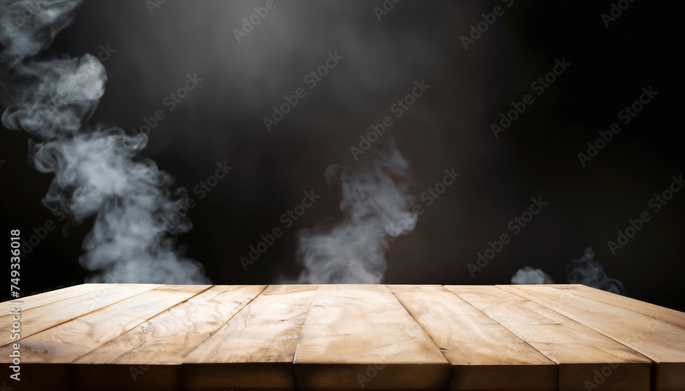 Aufkleber empty wooden table with smoke float up on dark background for your design and concept