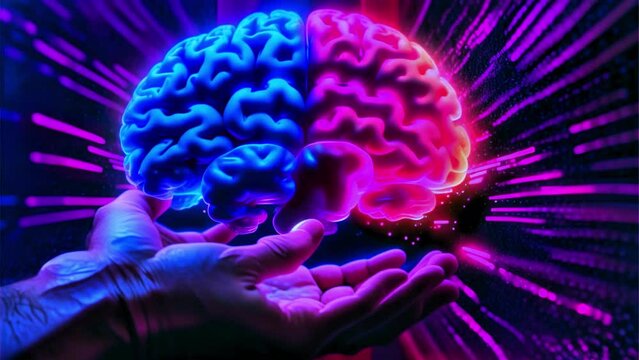 human brain glowing in blue and red neon light