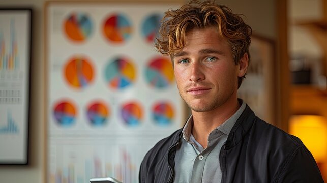 Businessman Presenting Business Report with Tablet and Big Screen Displaying Graphs and Charts