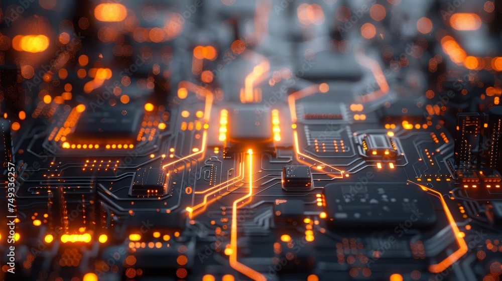Aufkleber a network of illuminated circuit paths and microchips on a modern electronic board, highlighting the