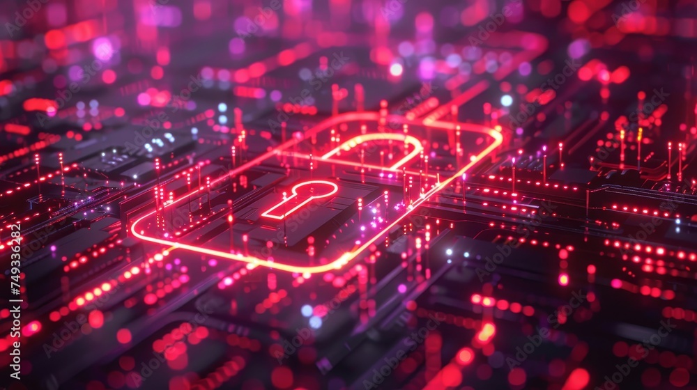 Poster close-up of a glowing red padlock icon on a circuit board, symbolizing digital security and data pro