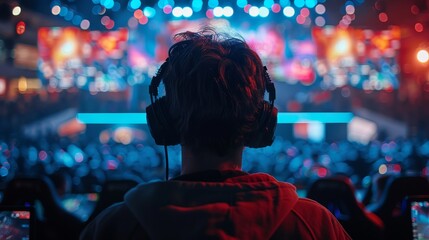 Back view of a gamer wearing headphones, deeply focused while participating in a competitive esports gaming event. - obrazy, fototapety, plakaty