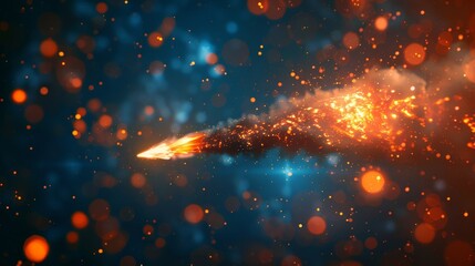 A fiery comet blazes across a star-filled space backdrop, leaving a trail of fire and sparkling bokeh lights.