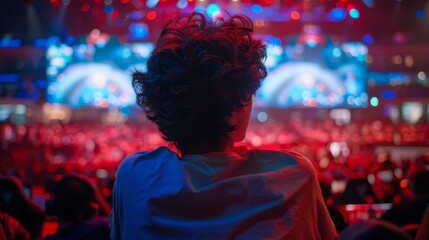 Rear view of an audience member engrossed in the captivating ambience of a live esports gaming event.