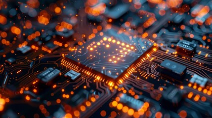 Macro view of an electronic circuit board with glowing orange nodes, symbolizing high-tech and computing power.