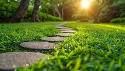 Fototapeta premium Stone walkway in the green garden with sun light