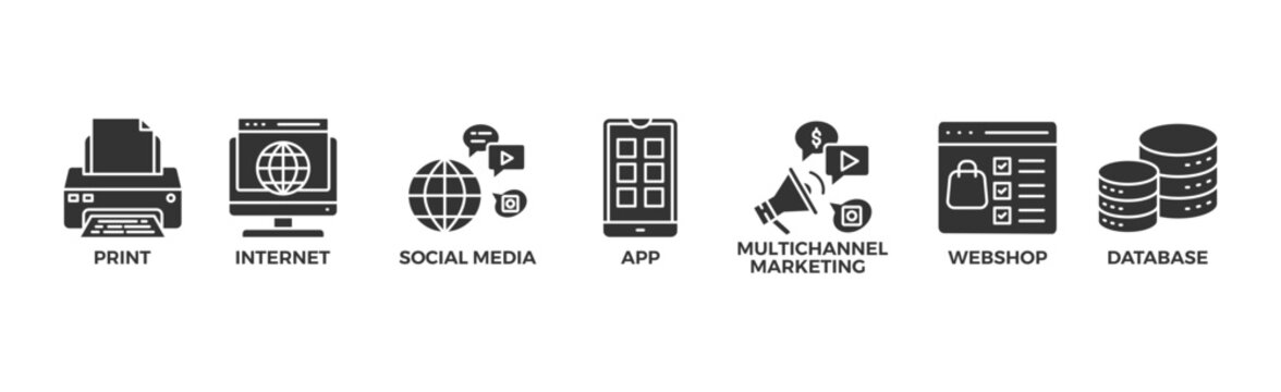 Cross-media banner web icon glyph silhouette with icon of print, internet, social media, app, multichannel marketing, webshop and database