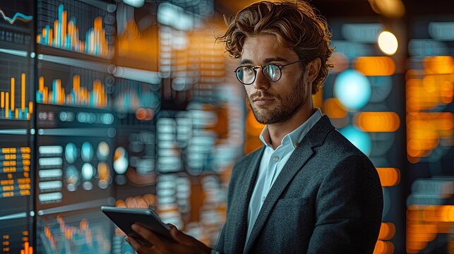 Businessman Presenting Business Report with Tablet and Big Screen Displaying Graphs and Charts