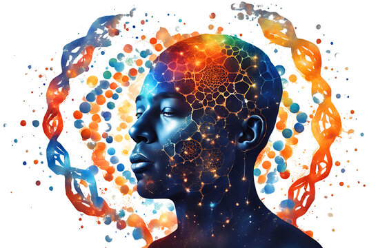 seitliches Portrait eines Mannes in blau mit leuchtend bunten Netz aus Verkn&uuml;pfungen vor einem Hintergrund in Wei&szlig; mit regenbogen Punkt Muster und einer DNA Doppelhelix Entwicklung Fortschritt Univers