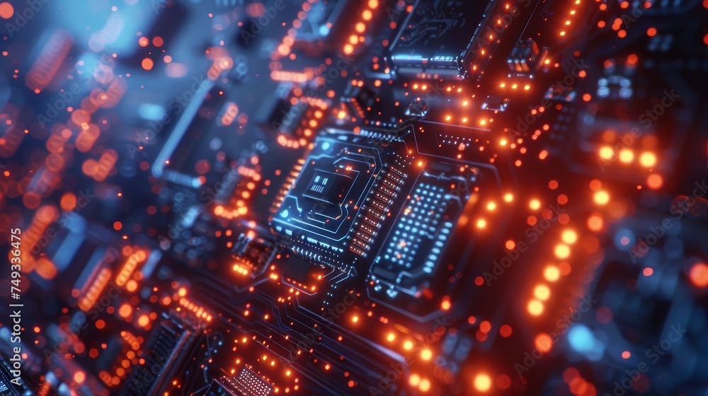Poster macro shot of a detailed circuit board illuminated by vibrant red lights symbolizing active electron