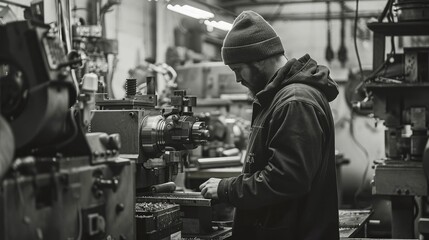 In a bustling machine shop, skilled machinists shape metal with precision using lathes, mills, and grinders.