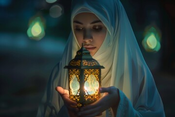 A woman wearing a white hijab is holding a lantern