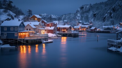 Fototapeta na wymiar The winter lit buildings on the water of a village in fjord at night.