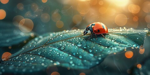 Beautiful ladybug on a green leaf with bokeh background