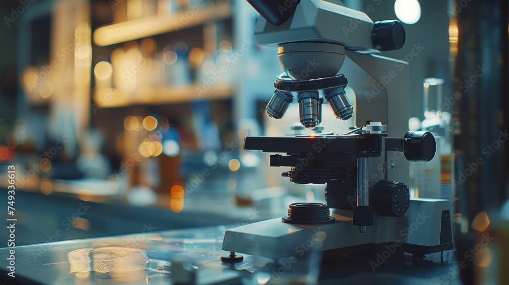 Poster side view of a professional microscope with multiple lenses in a well-equipped clinical laboratory w