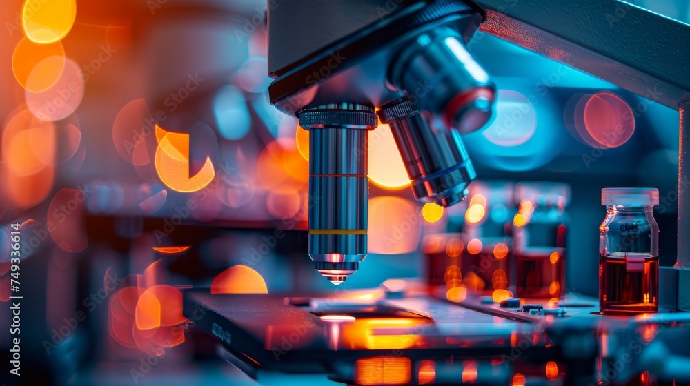 Poster detailed view of a microscope with a sample slide, set in a high-tech laboratory with vibrant, bokeh