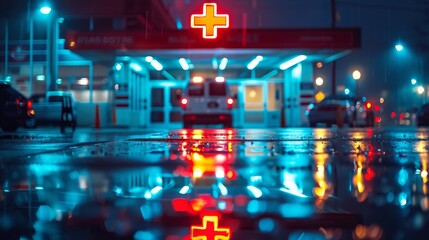 Rain-soaked street reflecting the red neon cross of a hospital and the lights of an ambulance at the emergency entrance at night.